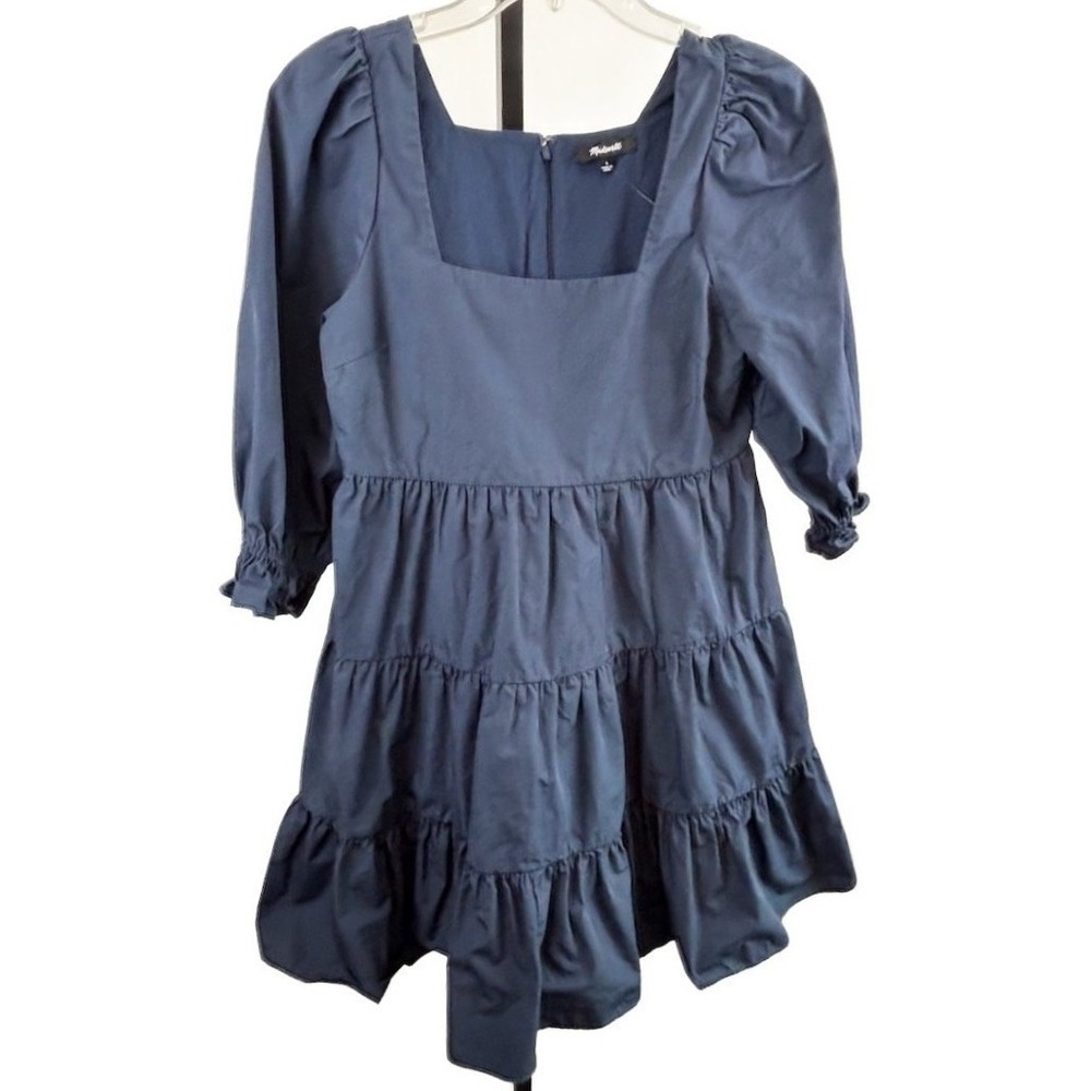 NWOT Madewell Navy Blue Square Neck Tiered Mini Dress Puff Sleeve Size 4